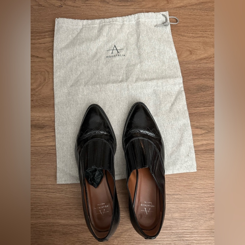 Aquatalia Black Patent Leather Weatherproof Pointed Toe Loafers - Size 6.5
